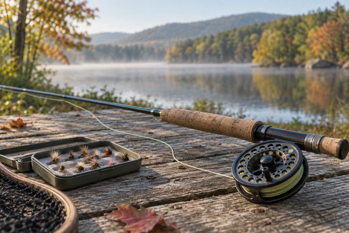Fly-fishing equipment beside a lake — editorial illustration