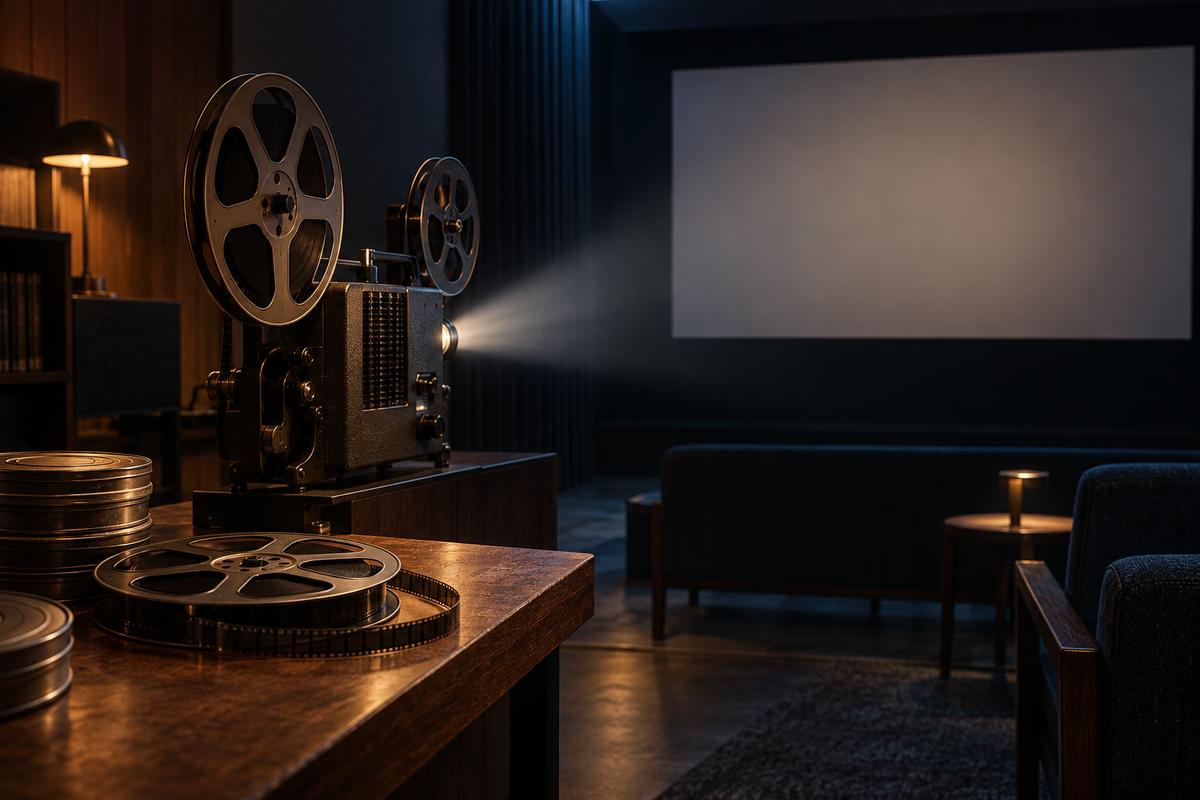 Film projector and screening room — editorial illustration