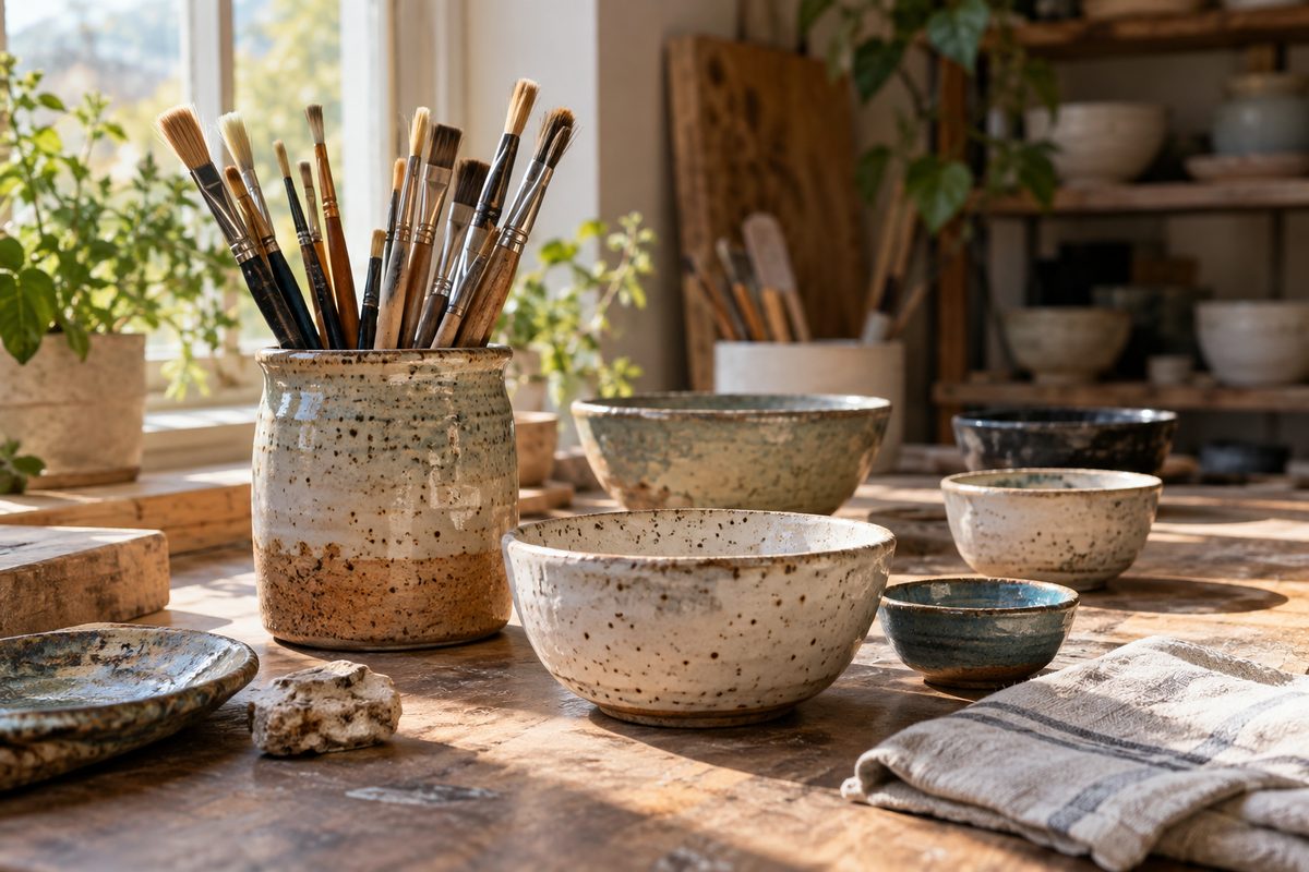 Handmade ceramics and paintbrushes in an artist’s studio — editorial illustration