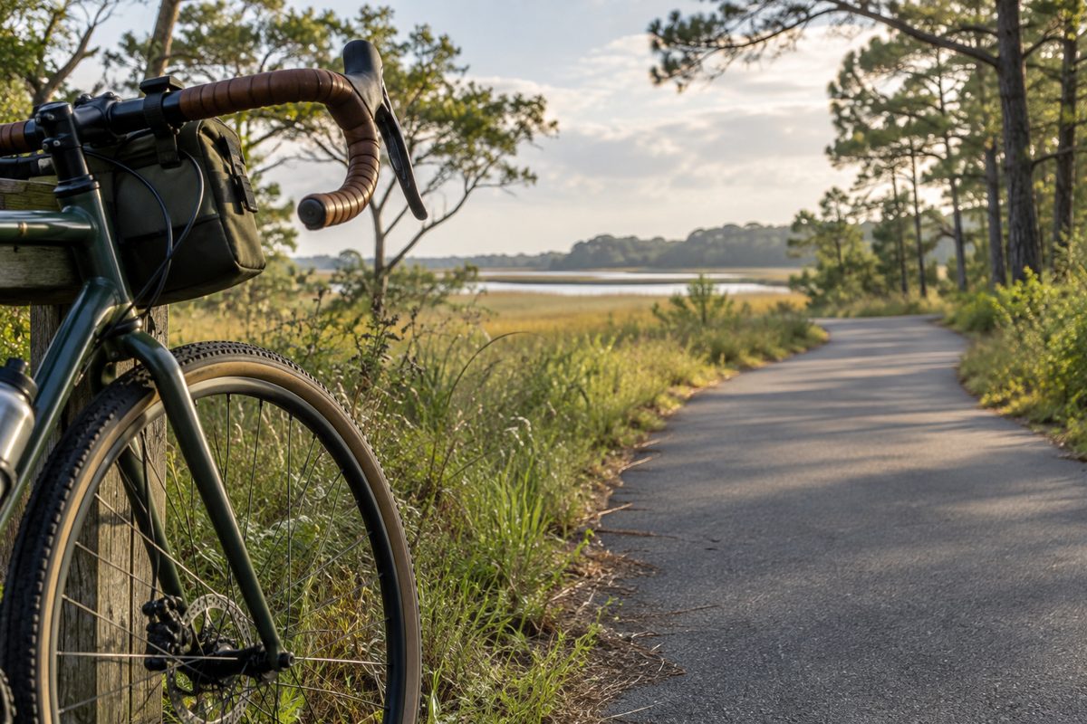 Bicycle beside a coastal shared-use path — editorial illustration