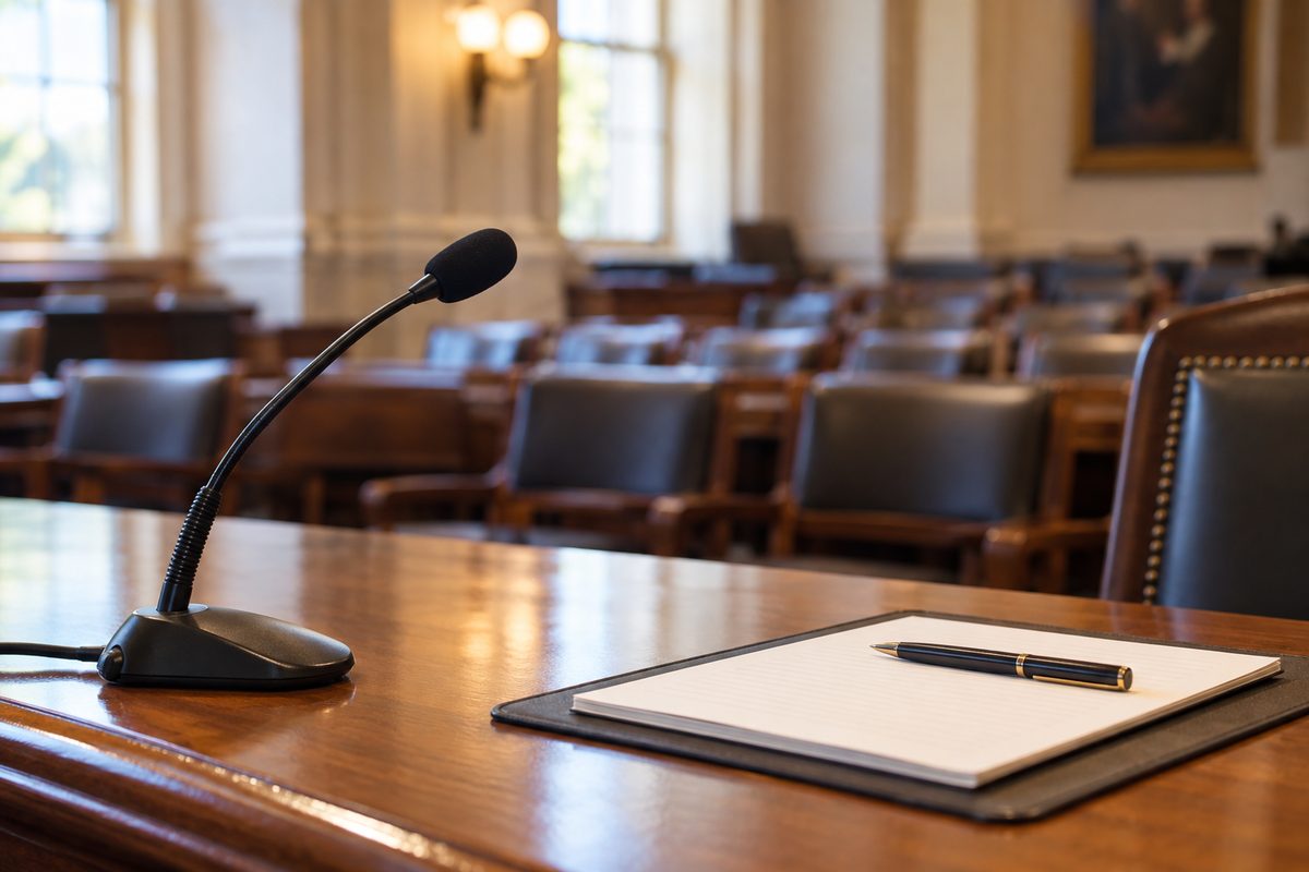 Microphone and notepad at a public meeting table — editorial illustration
