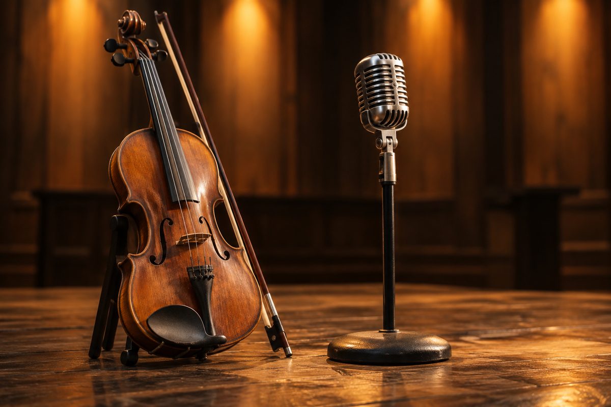 Fiddle and vintage microphone on a wooden stage — editorial illustration