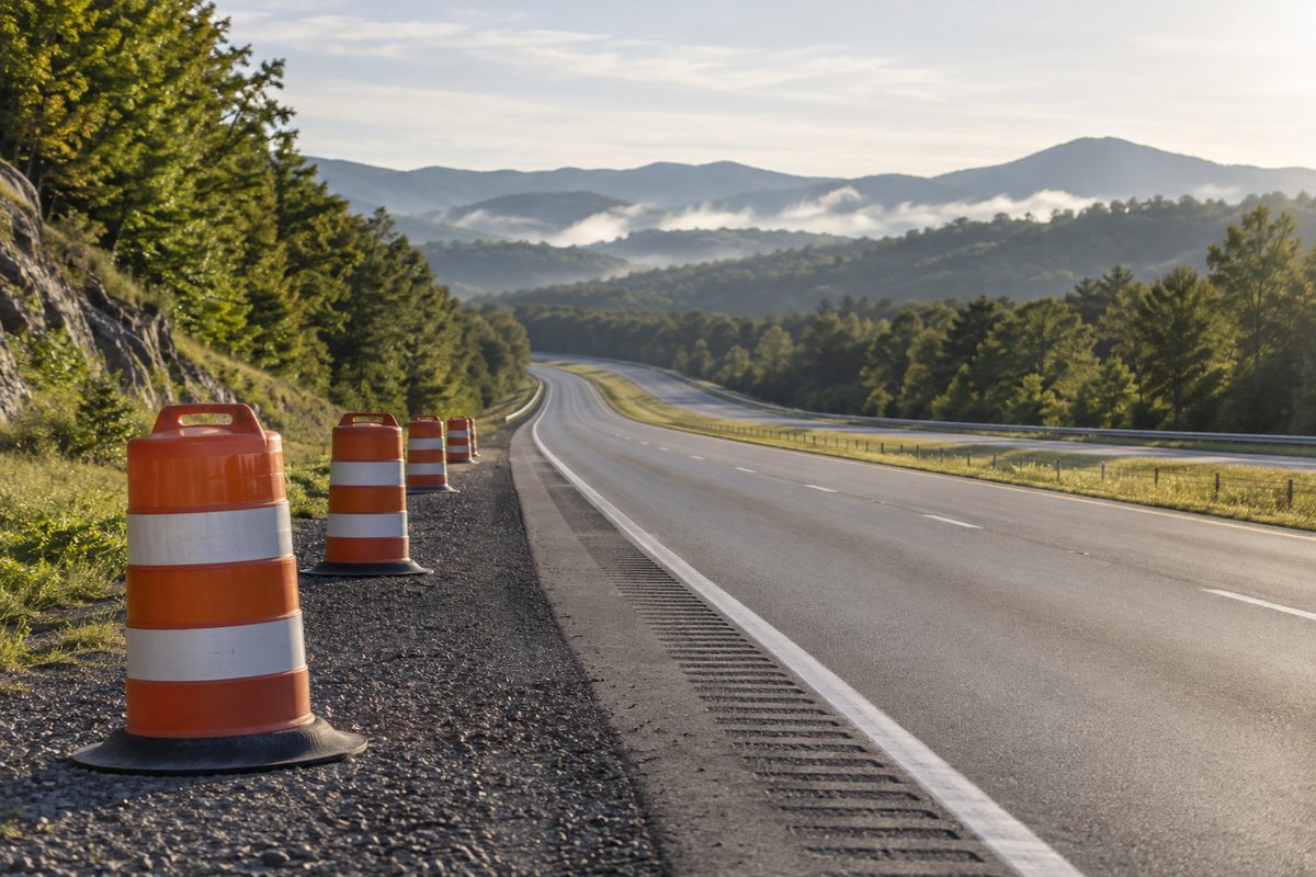Roadwork barrels beside a mountain highway — editorial illustration
