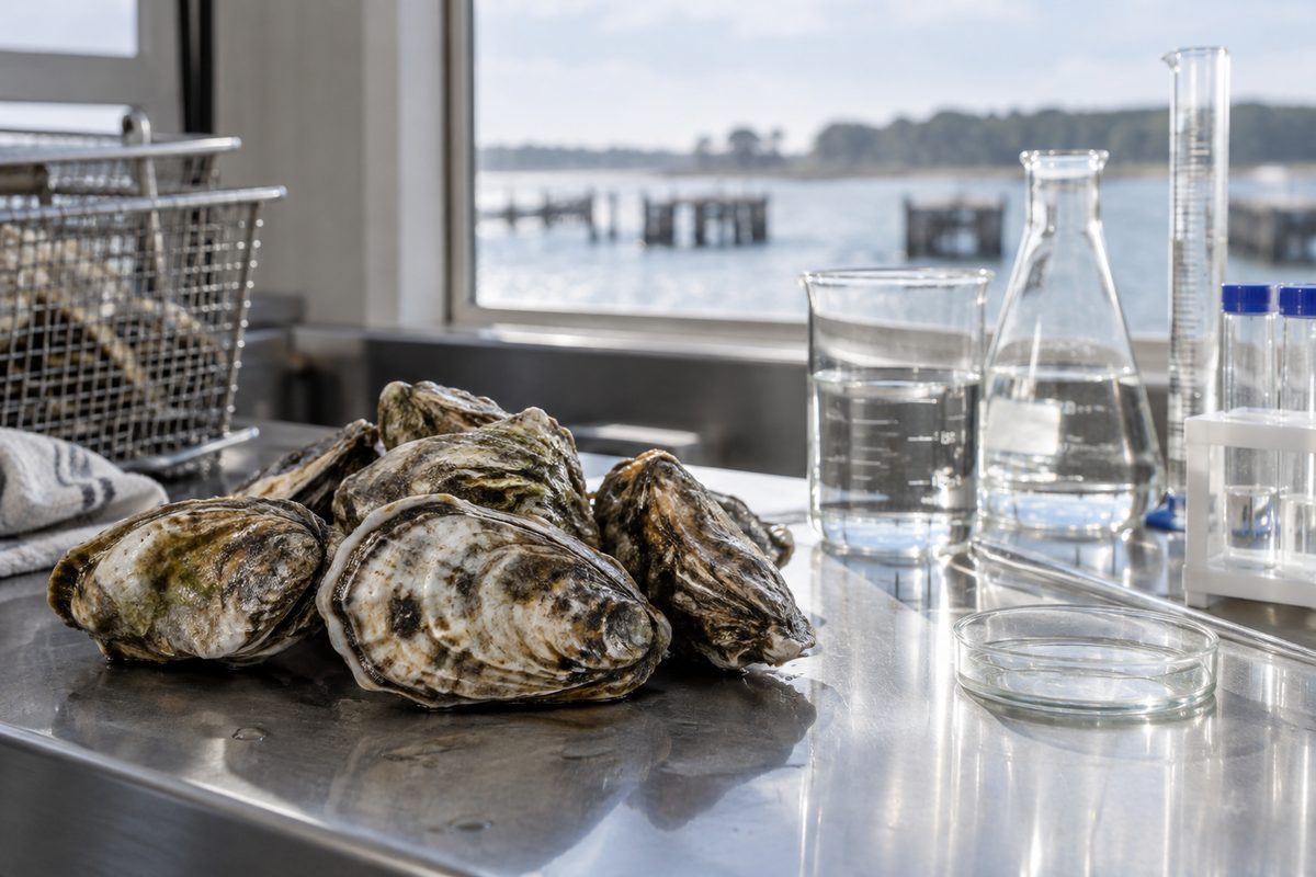 Oysters and water-testing glassware on a workbench — editorial illustration