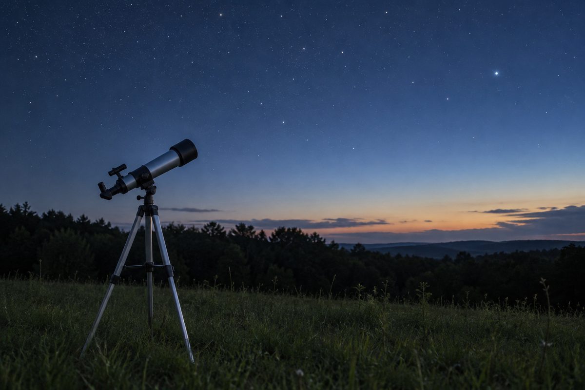 Telescope beneath a clear evening sky — editorial illustration