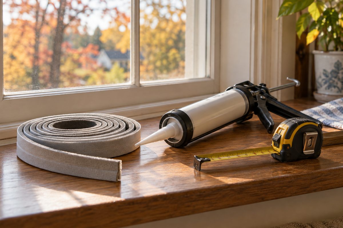 Weatherstripping and tools on a windowsill — editorial illustration