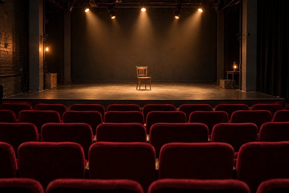 Empty seats facing a softly lit theater stage