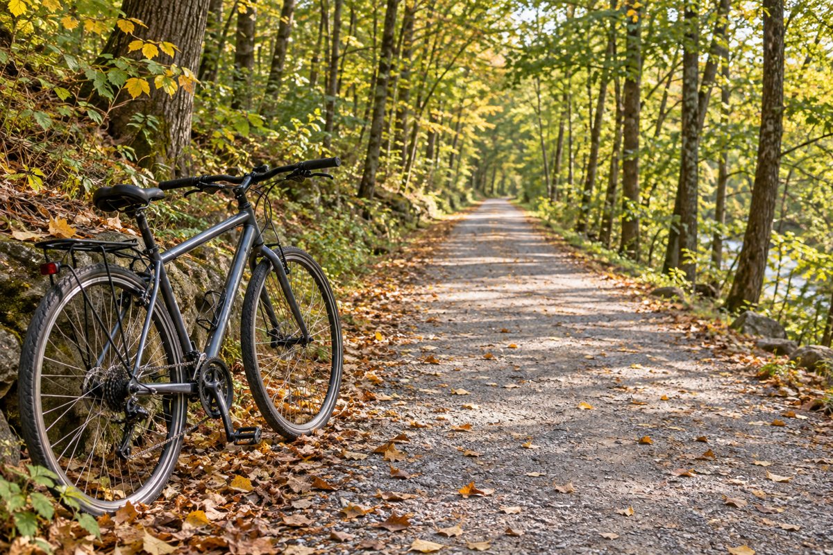 A bicycle beside a woodland trail