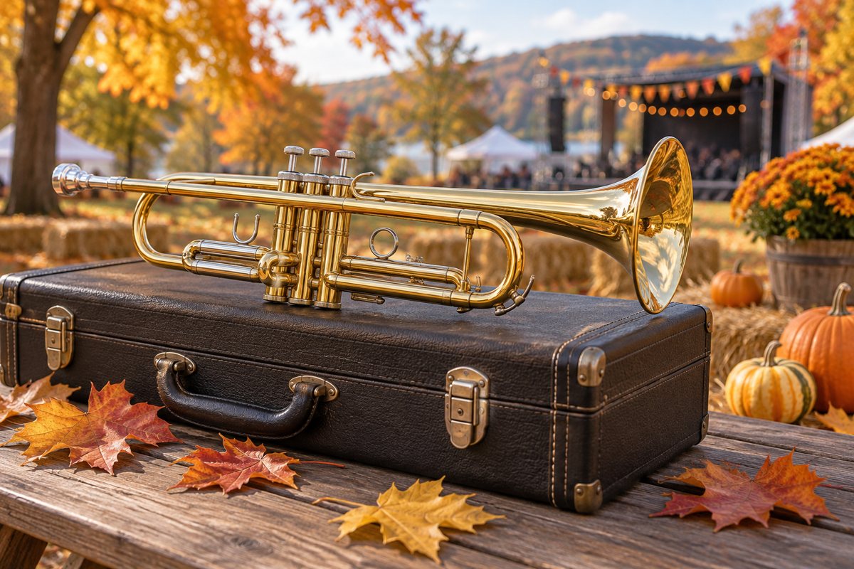 A trumpet and autumn leaves
