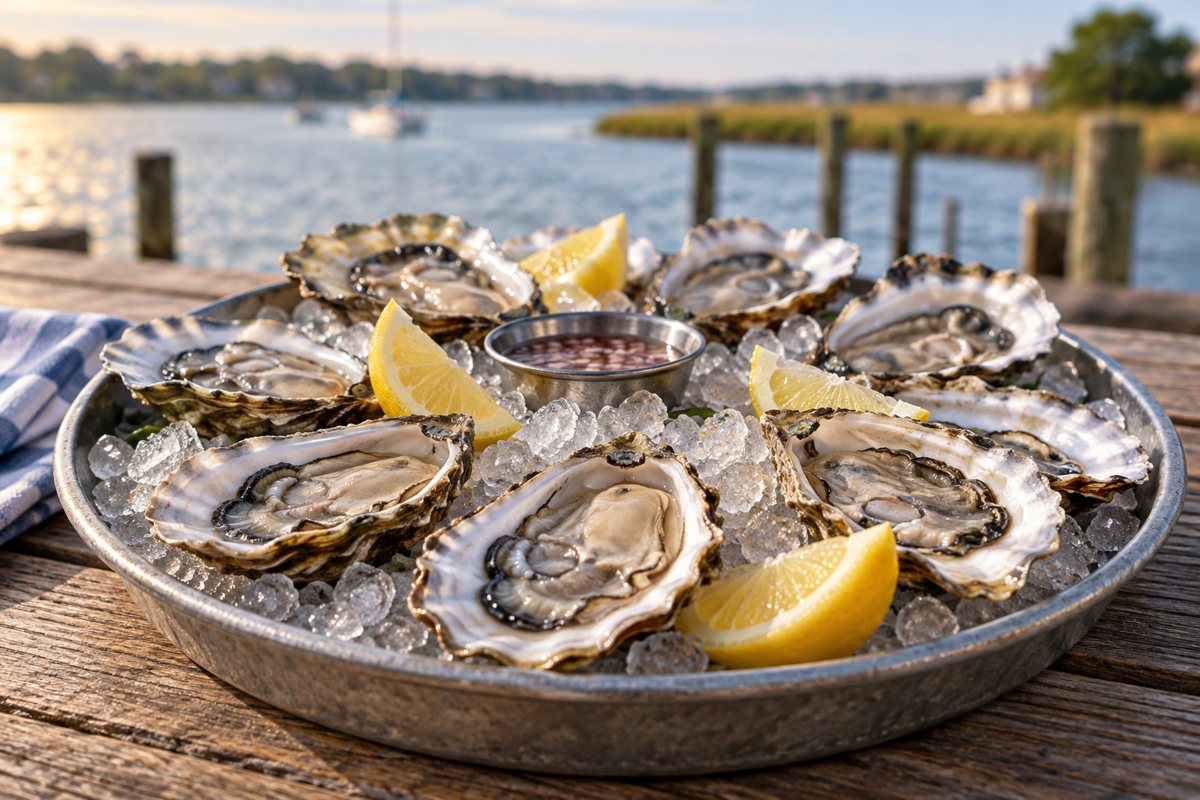 Oysters on ice with lemon wedges