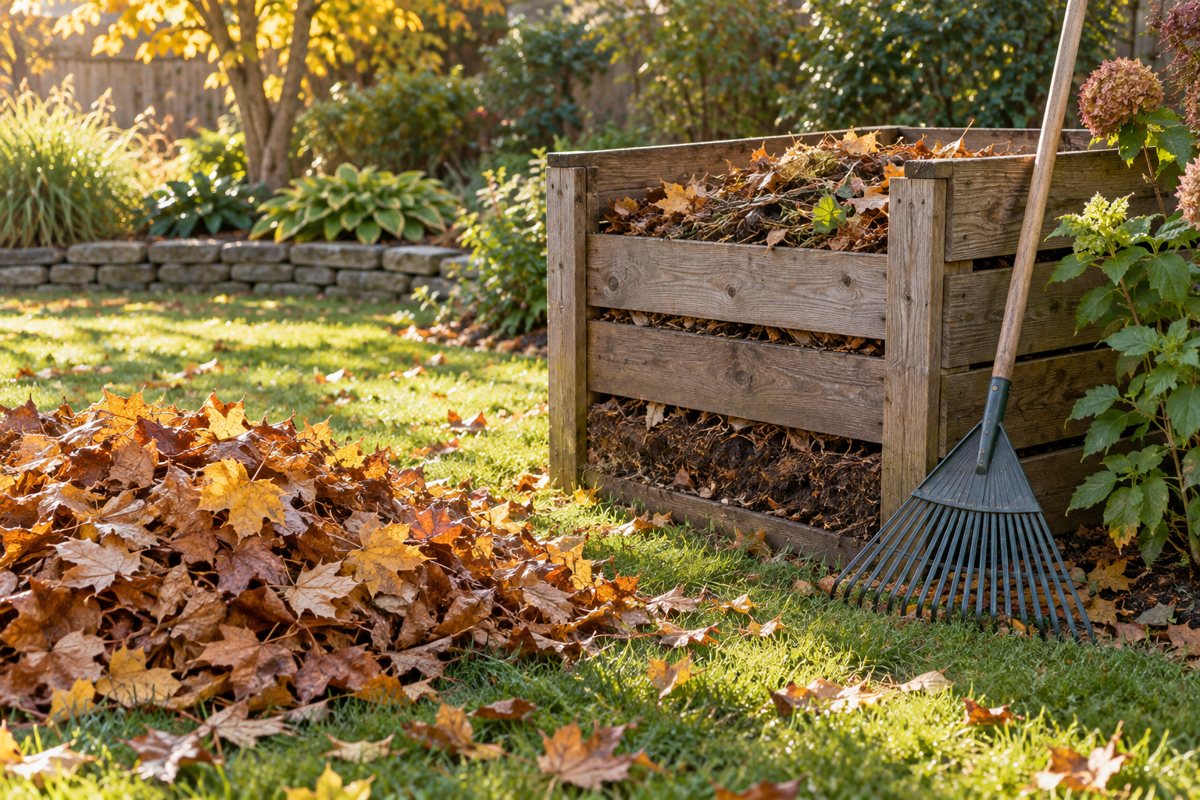 Leaves and a compost bin in an autumn garden