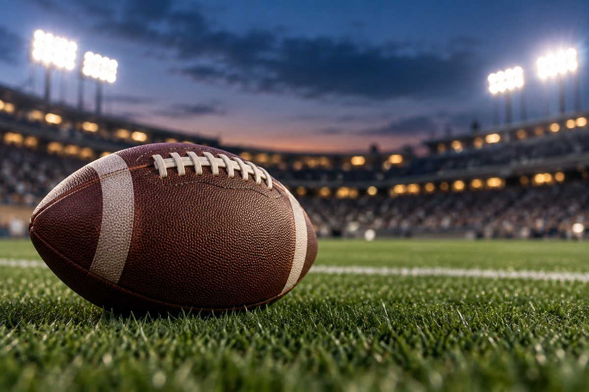 A football on turf beneath evening lights