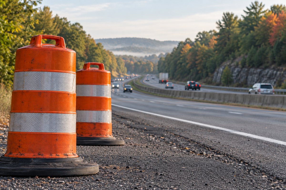 Reflective roadwork barrels beside a highway