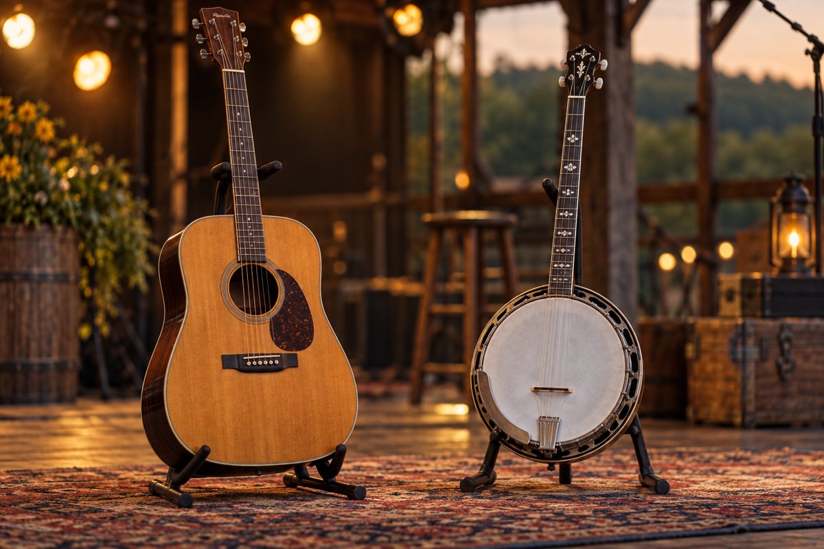 Acoustic guitar and banjo on stands