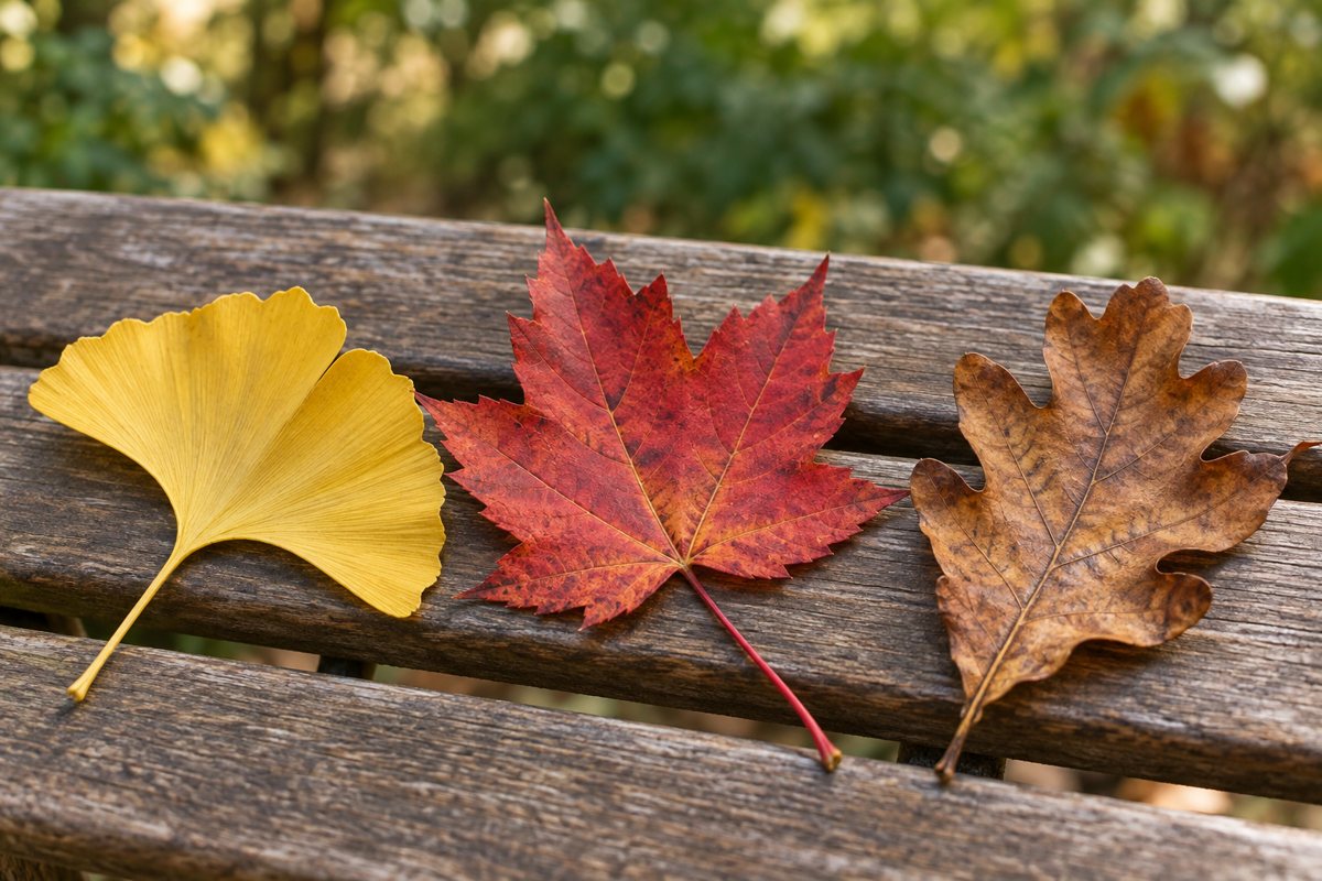 Ginkgo, maple and oak leaves on a bench