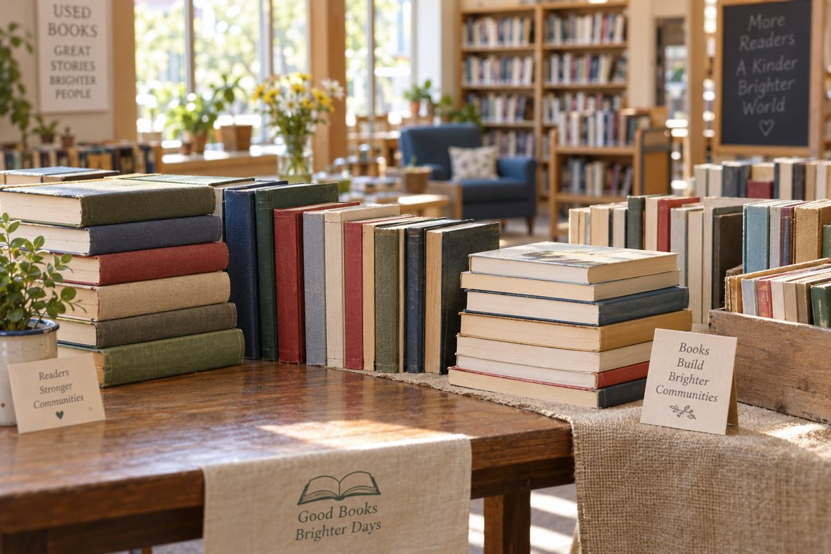 Books arranged on a library sale table