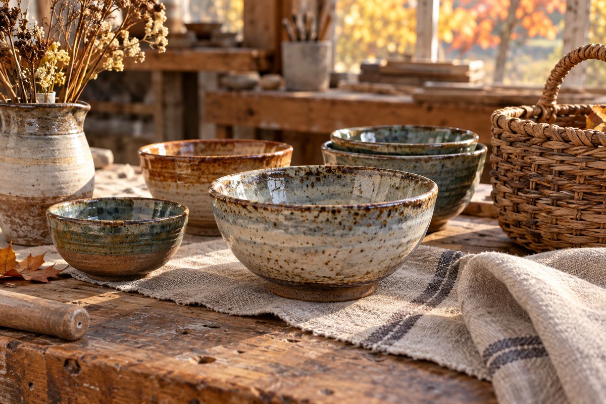 Handcrafted ceramic bowls on a workbench