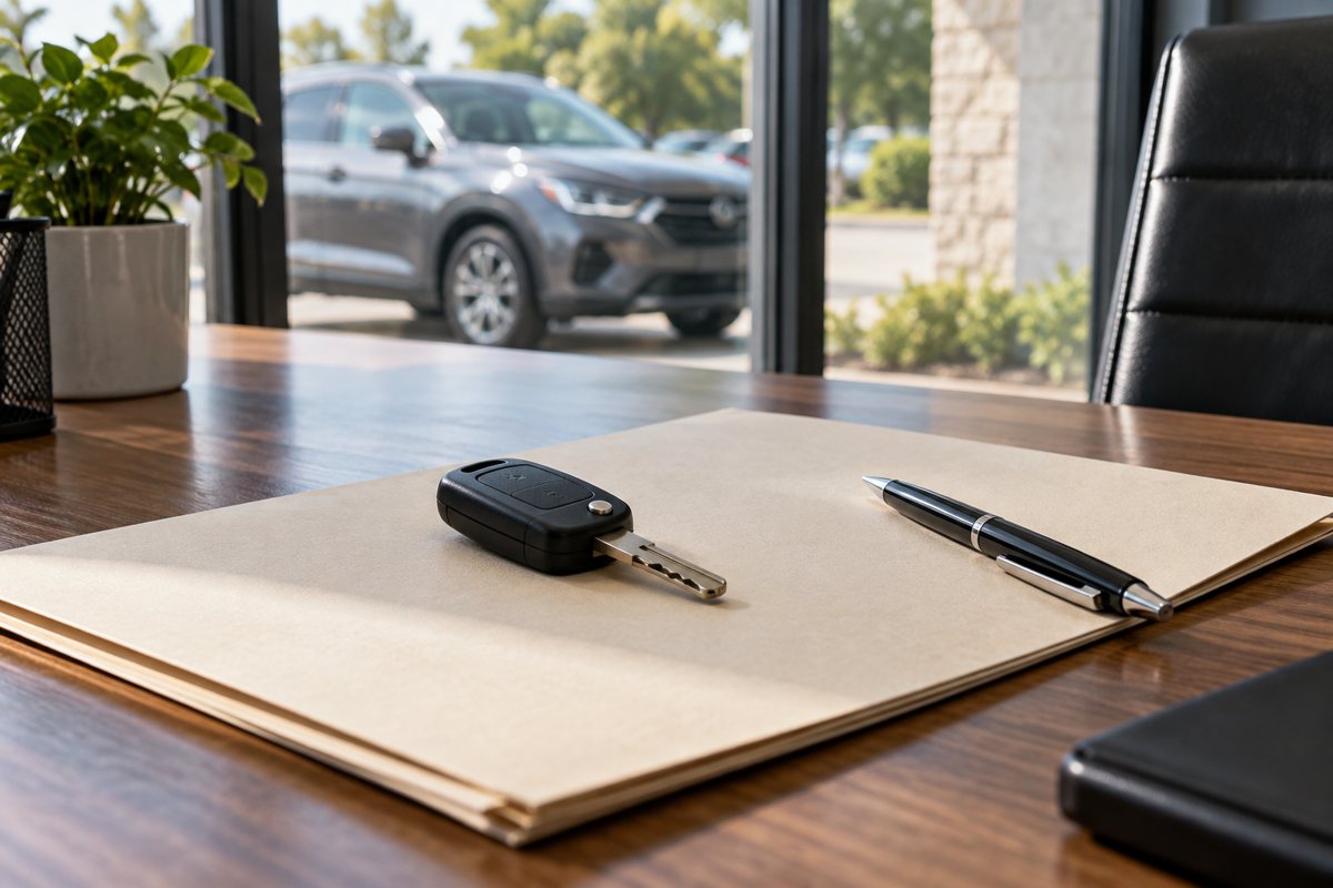 Car key, folder and pen on a desk