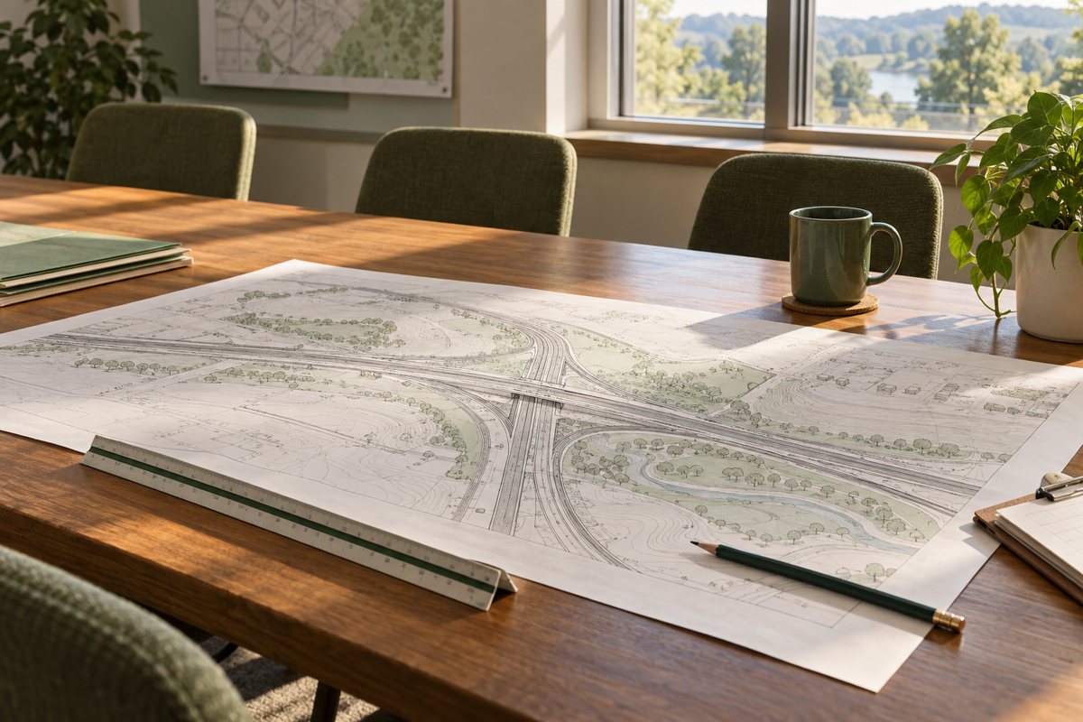 Road alignment plans on a meeting table