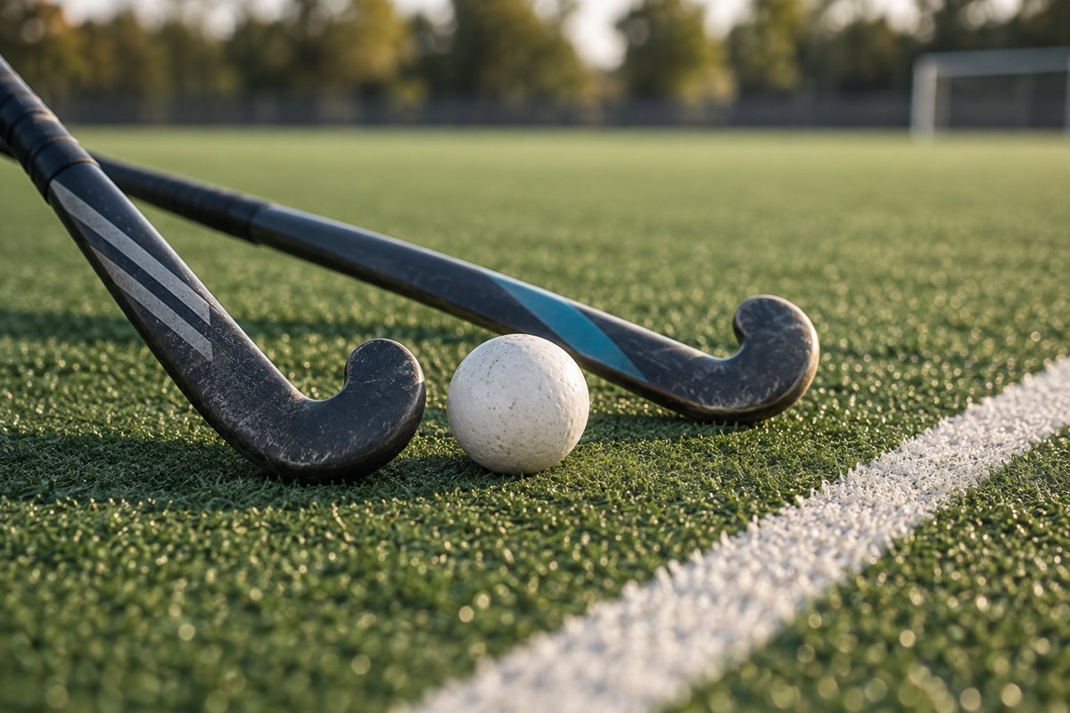 Field hockey sticks and ball on turf