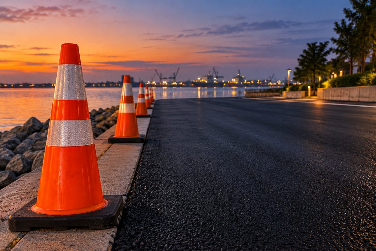 Roadwork cones beside fresh asphalt at dusk