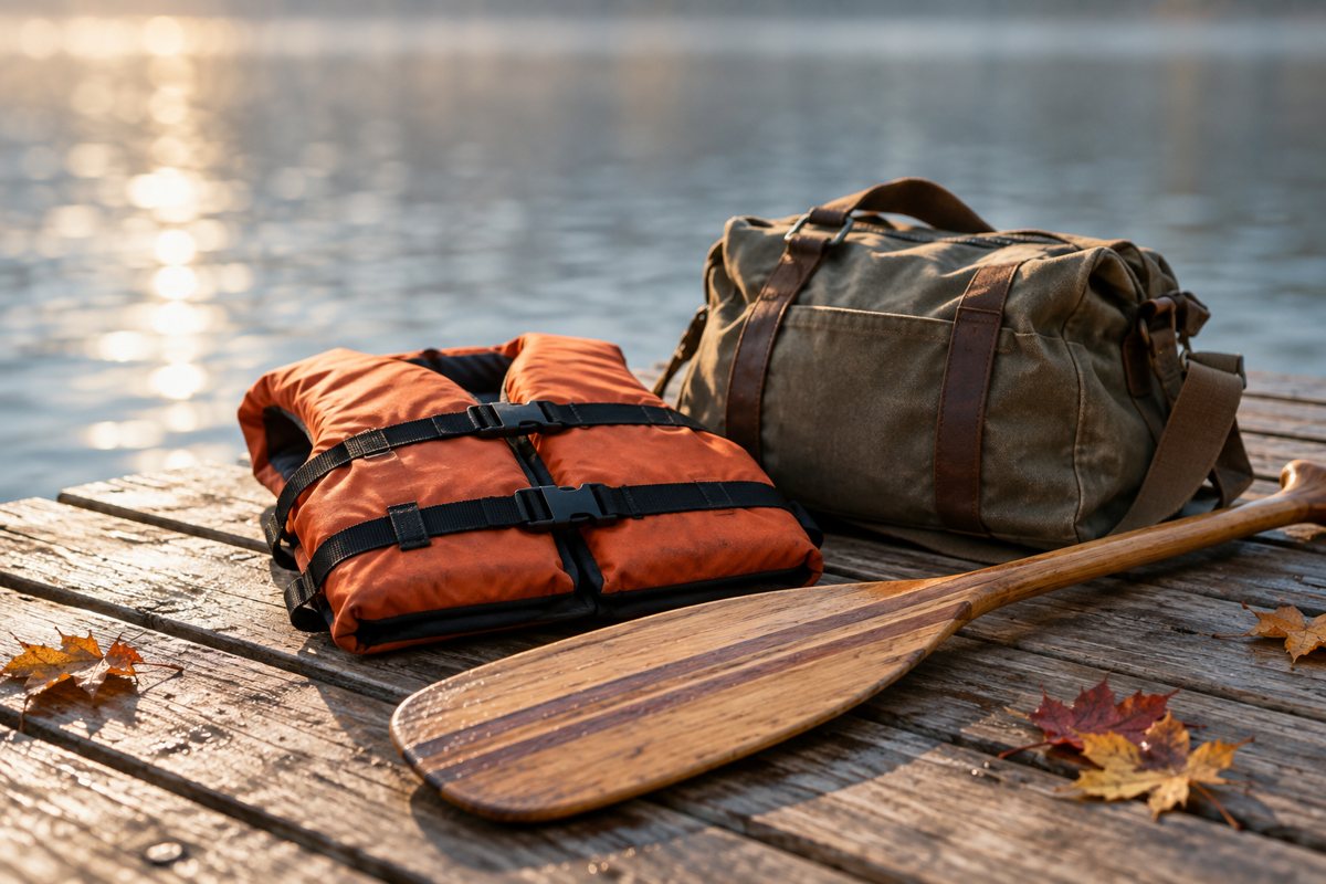 Life jacket, paddle and a day bag beside water