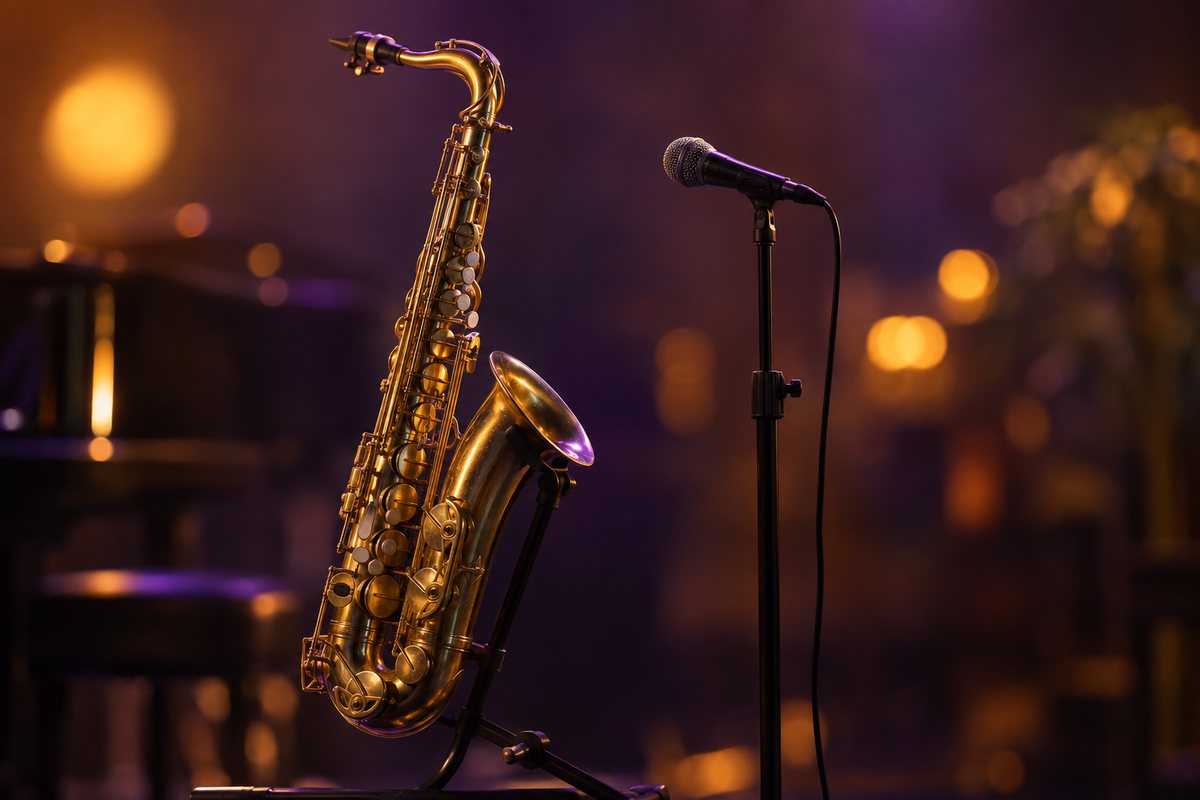 Saxophone and microphone in warm stage lighting