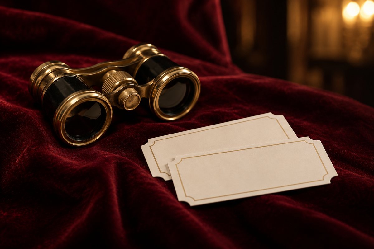 Blank theater tickets and opera glasses on burgundy velvet