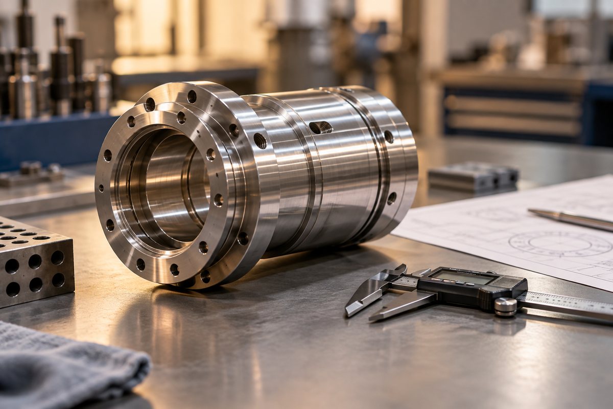 Machined metal component and caliper on a workshop table