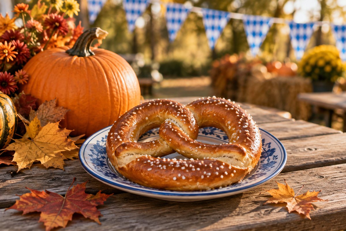 Pretzel and pumpkin on an autumn picnic table