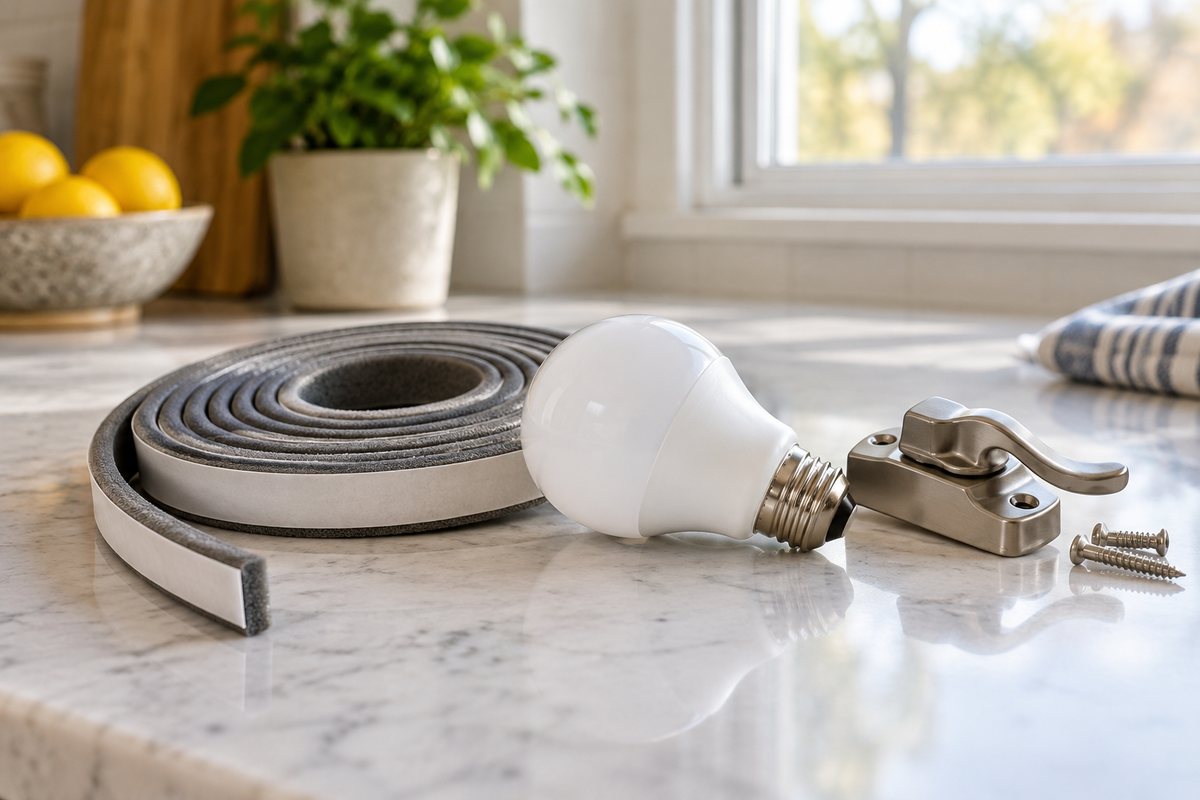 Weatherstripping and an LED bulb beside a window