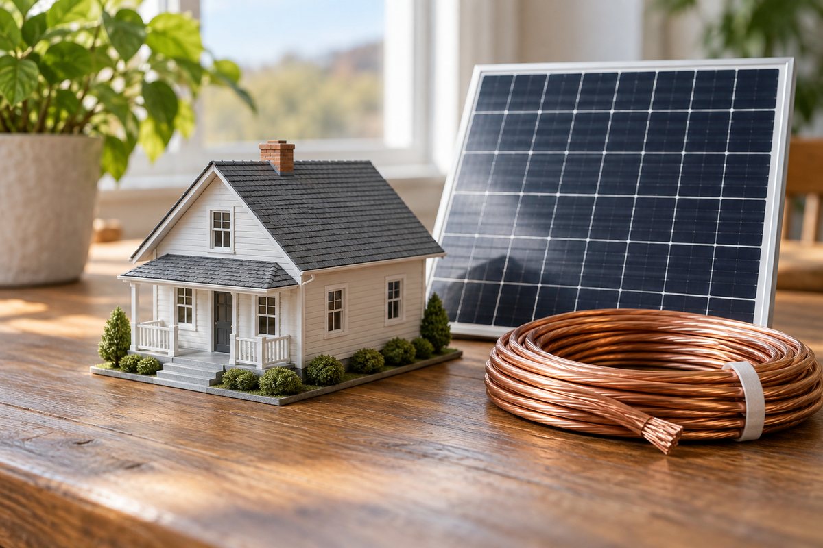 House model beside a solar panel and copper cable
