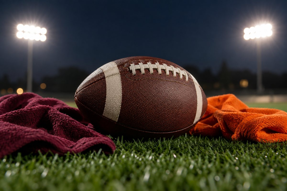 Football on turf beneath evening lights