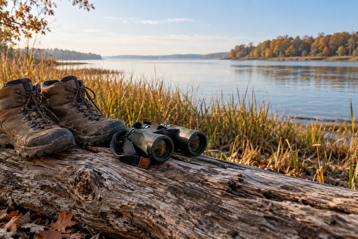 Walking boots and binoculars beside a tidal river
