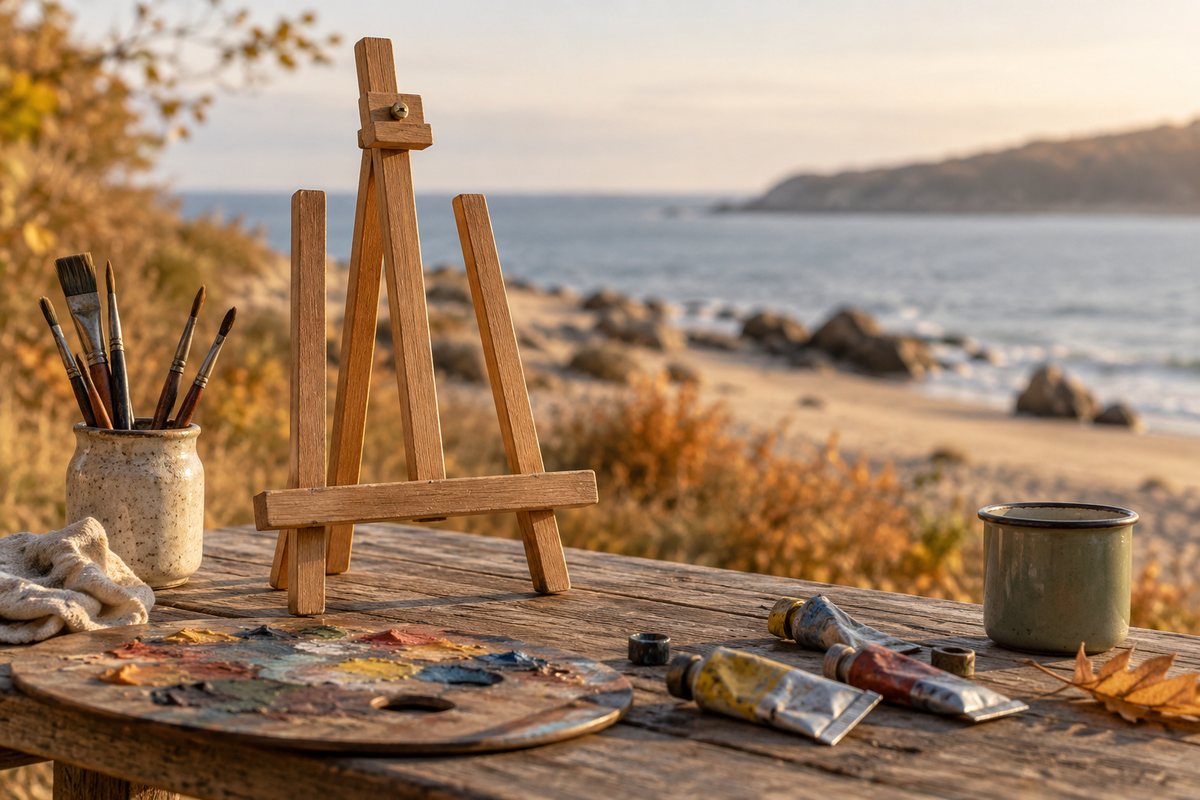 Easel and paint supplies beside a shoreline