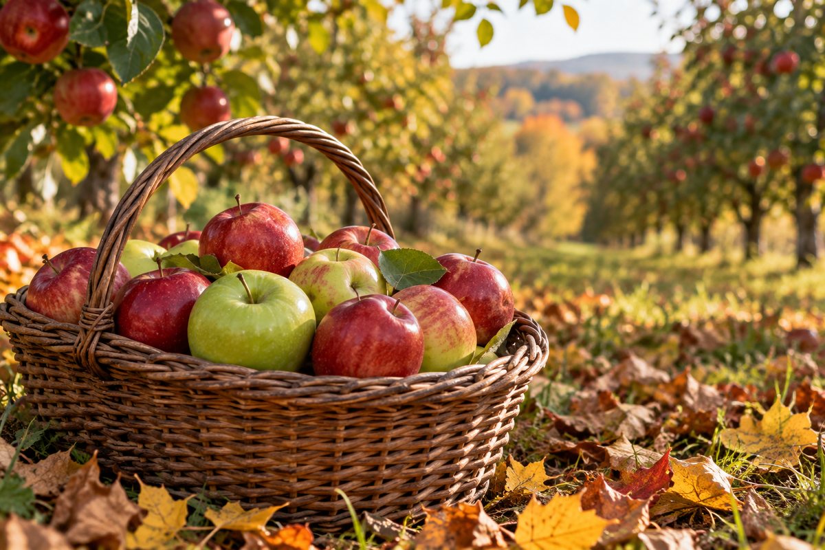 Basket of apples in an autumn orchard