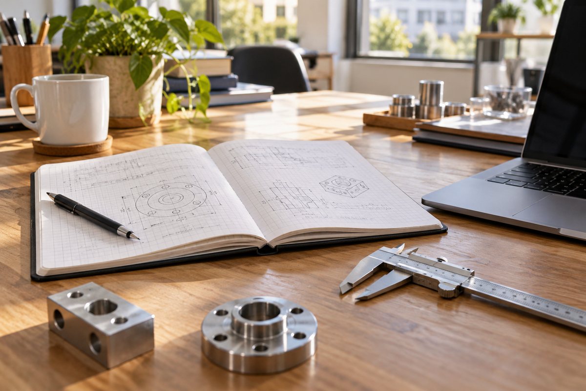 Notebook and precision caliper at a workspace