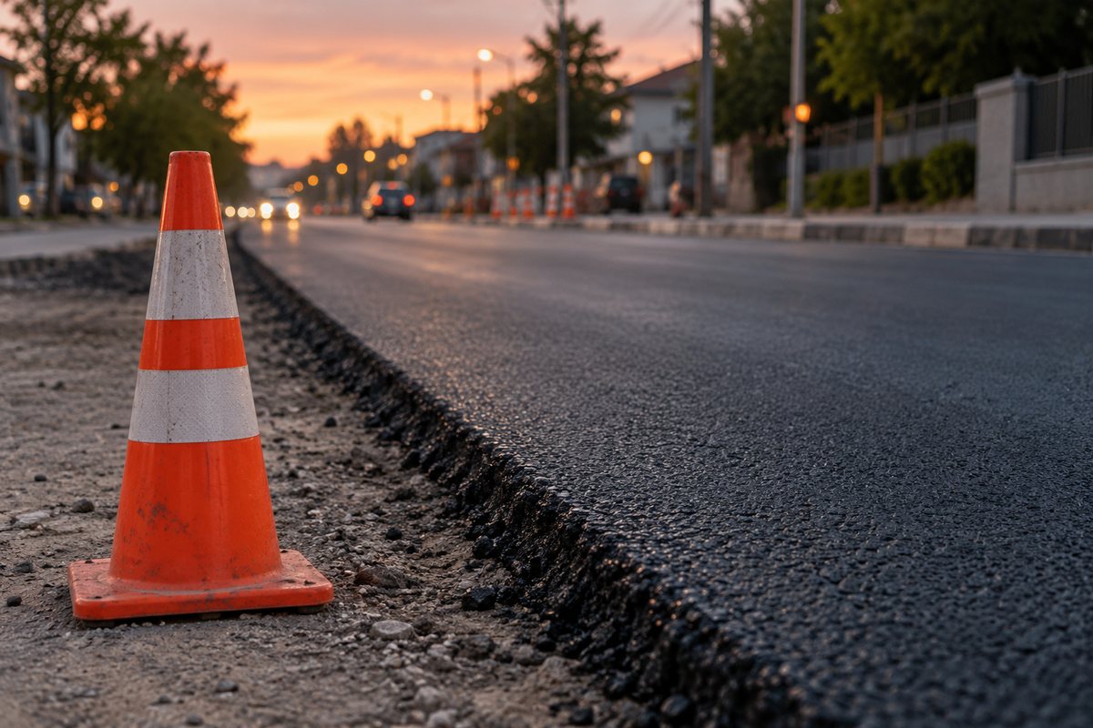 Traffic cone beside newly laid asphalt