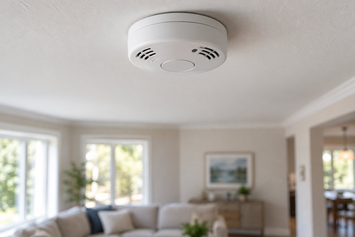 Smoke alarm mounted on a household ceiling