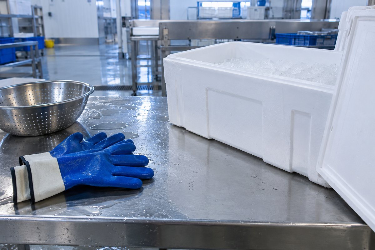Cooler and gloves on a seafood-processing work surface