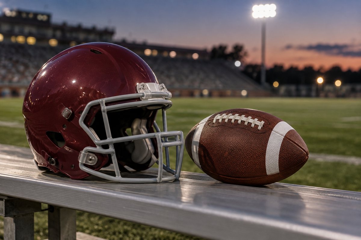 Plain football helmet and ball on a sideline bench