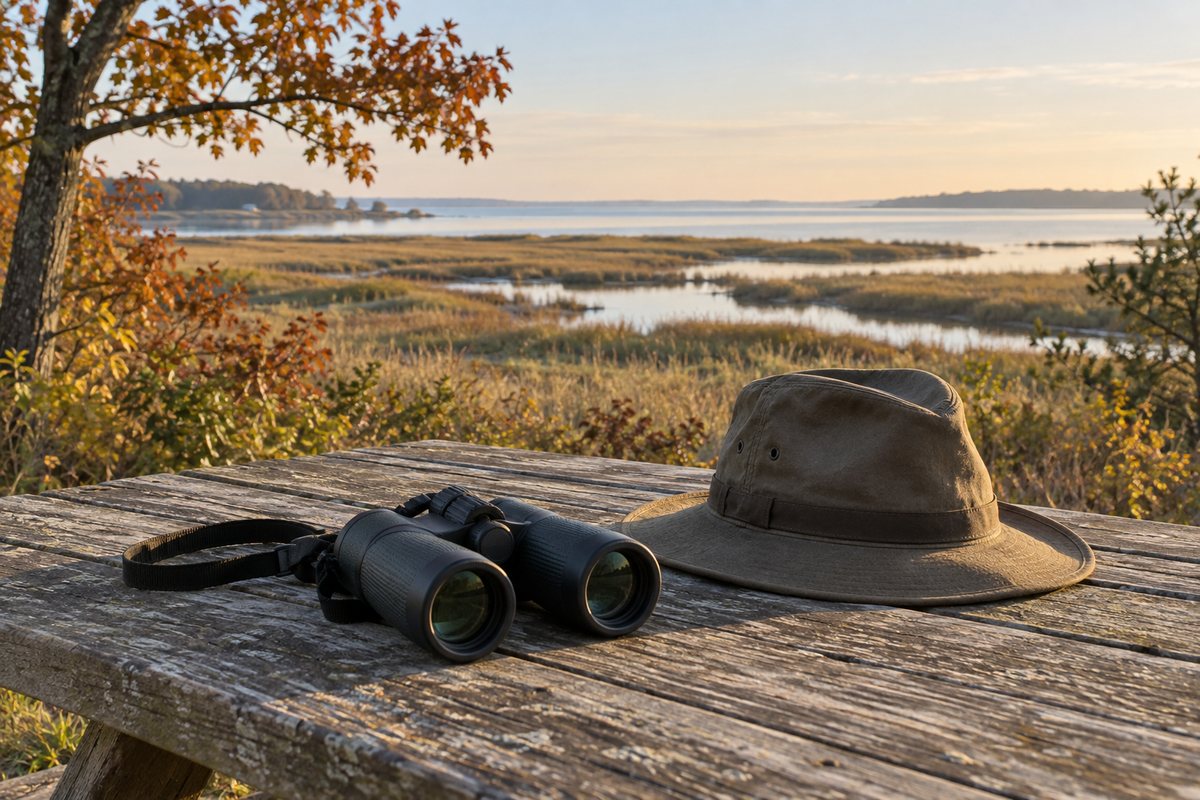 Binoculars and a walking hat beside a coastal marsh